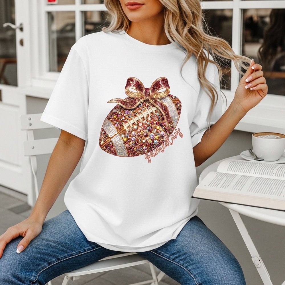 🏈 Sparkle & Spike: Gold Glitter Football Bow t-shirt. Touch down game ready